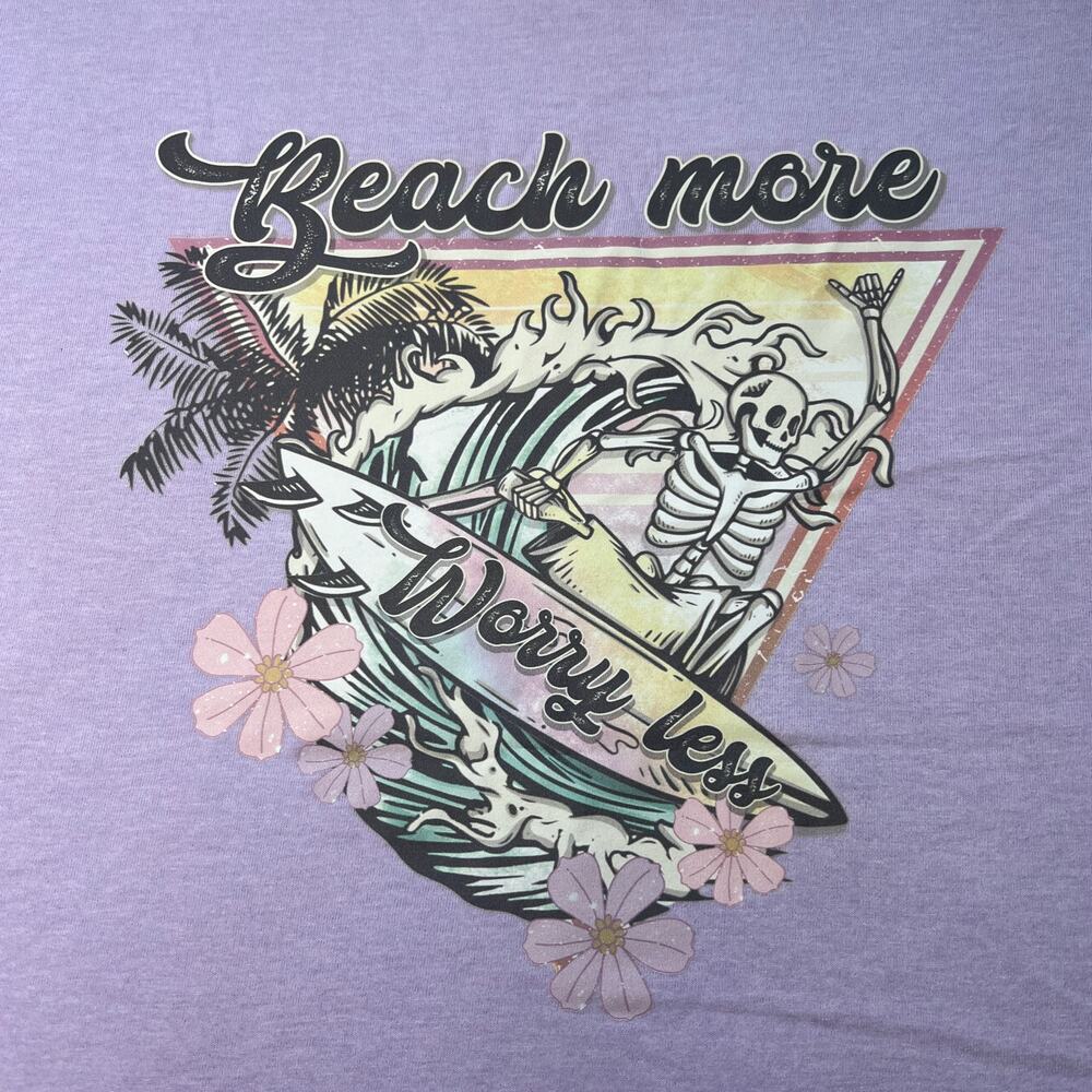 Beach More, Worry Less Skeleton Surf Purple Tee Large